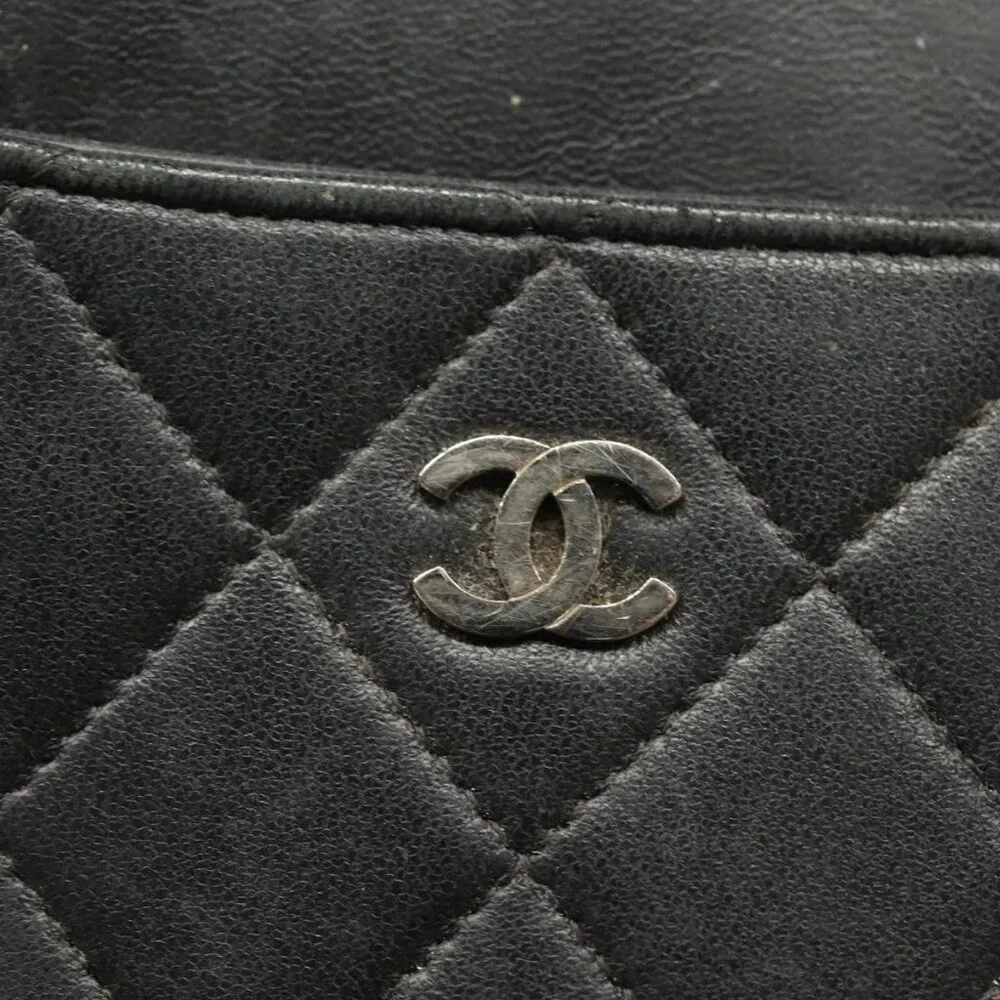 CHANEL Matelasse iPad Case Lamb Skin Black Silver CC Auth 141696